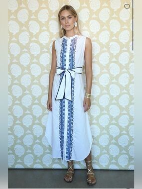 ASHA cotton embroidered sleeveless dress with sash